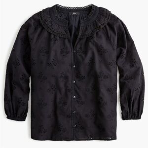 J. Crew Black button-front eyelet peasant top